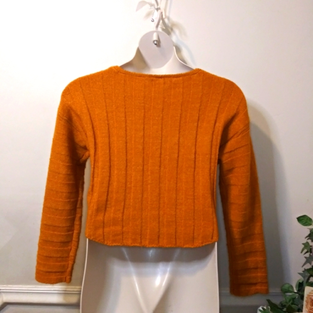 AKIRA Retro 90's Cropped Pumpkin Colored Ribbed Knit Lightweight V-Neck Sweater - Picture 5 of 8